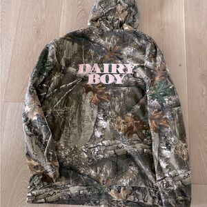 dairy boy camo hoodie with pink lettering